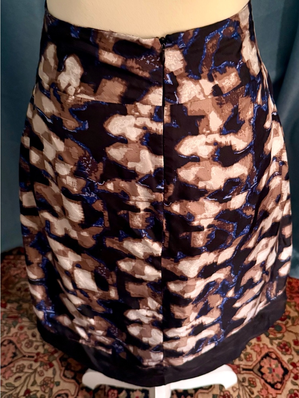 Dana Buchman Silk Abstract Print A-Line Skirt in Black, Brown & Blue